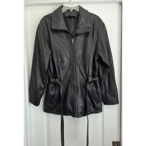 JLC Black Leather Mid Length Jacket Belted Zip Up Sz M Vintage Biker Edgy
